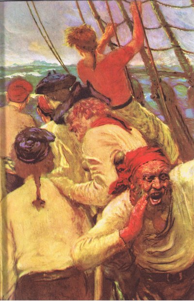 تصميم الغلاف الداخلي ، من Treasure Island الذي نشره MacDonald 1947 (لون ليثو) بواسطة نورمان ميلز السعر