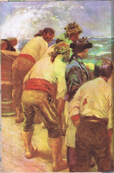 تصميم الغلاف الداخلي ، من Treasure Island الذي نشره MacDonald 1947 (لون ليثو) بواسطة نورمان ميلز السعر