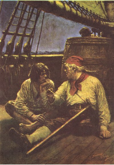 اهتز البرميل وهو يميل كتفه عليه ، من Treasure Island الذي نشره MacDonald 1947 (color litho) بواسطة نورمان ميلز السعر