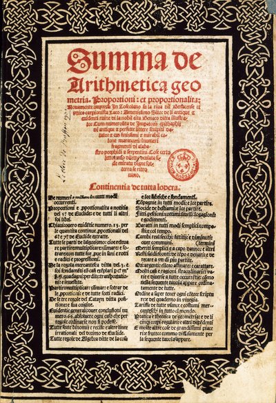 "الخلاصه Arithmetica" لوكا باسيولي بواسطة مدرسة شمال إيطاليا