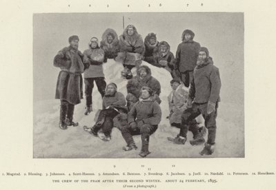 The Crew of the Fram بعد شتاءهم الثاني ، حوالي ٢٤ فبراير ١٨٩٥ (صورة بالأبيض والأسود) بواسطة مصور نرويجي