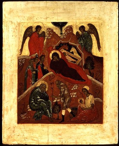 أيقونة الميلاد وعبادة المجوس وإغراء القديس يوسف حوالي 1500 (ورق من الذهب وتمبرا على لوح) بواسطة مدرسة نوفغورود