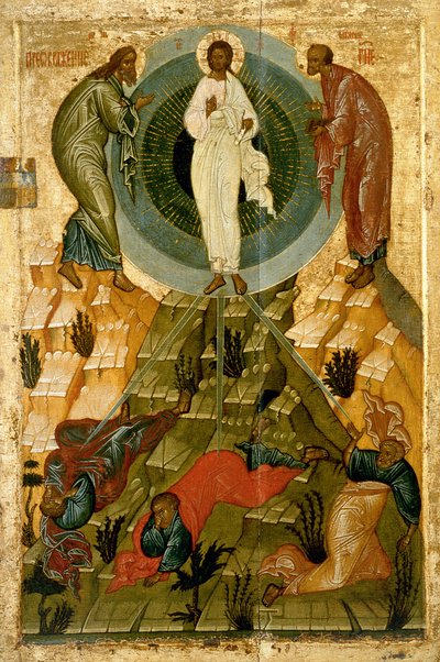 تجلي ربنا ، أيقونة روسية من كنيسة Theotokos Dormition المقدسة في حقل فولوتوفو بالقرب من نوفغورود (درجة الحرارة على اللوحة) بواسطة مدرسة نوفغورود