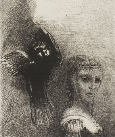 وطائر كبير ، ينزل من السماء ، يهرع نفسه في أعلى نقطة في شعرها ، اللوحة 3 من 10 بواسطة Odilon Redon