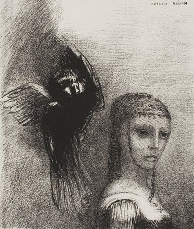 وطائر كبير ، ينزل من السماء ، يهرع نفسه في أعلى نقطة في شعرها ، اللوحة 3 من 10 بواسطة Odilon Redon