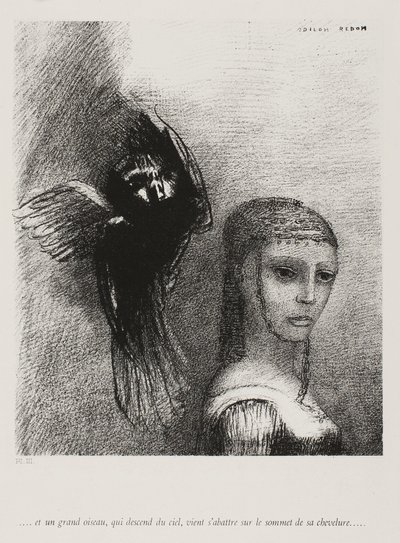 وعصفور كبير ، ينزل من السماء ، يلتف على قمة شعره ، اللوحة 3 من 10 ، 1888 بواسطة Odilon Redon