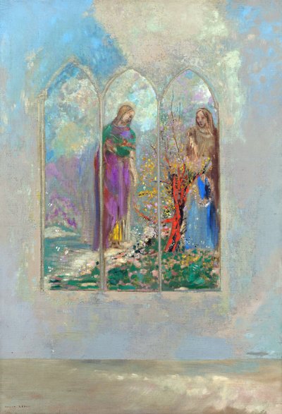 الولاء أمام شجيرة حمراء - الإخلاص بالقرب من شجيرة حمراء - رسم لأوديلون ريدون (1840-1916) بواسطة Odilon Redon