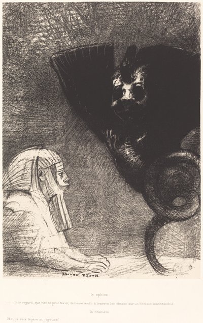 Sphynx ... نظراتي التي لا يمكن لأي شيء أن ينحرف عنها ، تظل متوترة من خلال الأشياء في أفق يتعذر الوصول إليه. La Chimere: Moi ، Je suis legere et joie (أبو الهول: "نظراتي التي لا يمكن أن ينحرف عنها شيء ، تمر عبر الأشياء وتبقى ثابتة على بواسطة Odilon Redon