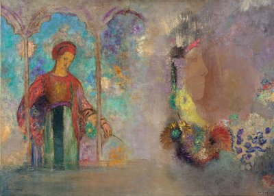 امرأة في رواق قوطي - امرأة مع أزهار - Peinture de Odilon Redon (1840-1916) بواسطة Odilon Redon