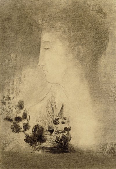امرأة في الملف الشخصي مع إكليل الغار. صورة امرأة مع إكليل الغار ، بواسطة Odilon Redon