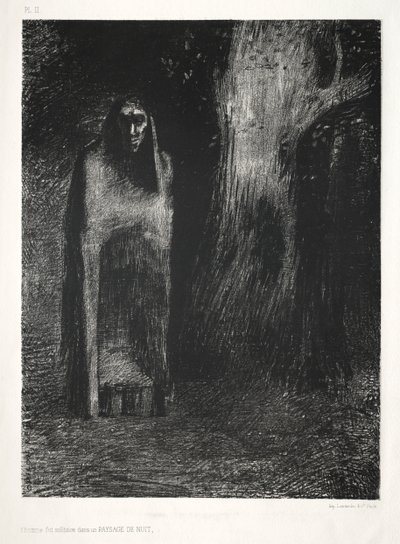 الليل: كان الرجل وحيدًا في منظر ليلي 1886. بواسطة Odilon Redon Lemercier و Cie.