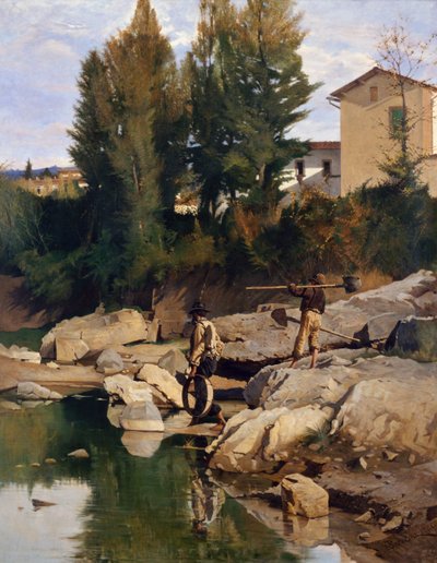 Renaioli (sand diggers) on the Mugnone river بواسطة Odoardo Borrani