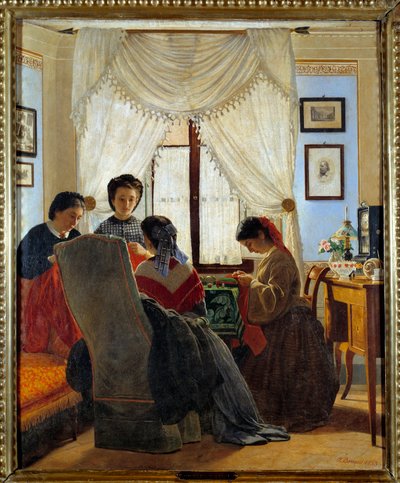 Risorgimento: "" نساء يخيطن القمصان الحمراء "لوحة رسمها Odoardo Borrani (1834-1905) مجموعة خاصة 1863 بواسطة Odoardo Borrani