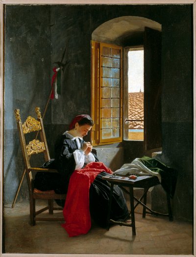 Risorgimento: "" امرأة تخيط العلم الإيطالي في 26/04/1859 "لوحة رسمها Odoardo Borrani (1834-1905) 1859 مجموعة ميلانو الخاصة بواسطة Odoardo Borrani