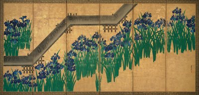 القزحيات في Yatsuhashi (ثمانية جسور) ، c.1709 (حبر ولون على ورقة ذهبية على ورق) بواسطة أوغاتا كورين