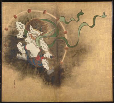 Le dieu de la tempete (إله الرعد) الجزء الأيسر من شاشة من لوحتين - عمل أوغاتا كورين (1658-1716) ، ألوان مائية وحبر على ورق ، أوائل القرن الثامن عشر ، الفن الياباني ، الأساطير الشرقية - متحف طوكيو الوطني ، اليابان بواسطة أوغاتا كورين