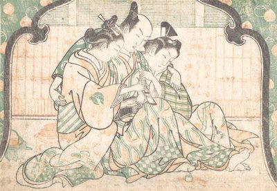 شاب جالس بين امرأتين ، كاليفورنيا. 1749. ، كاليفورنيا. 1749. بواسطة أوكومورا ماسانوبو