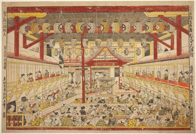 صورة من منظور كبير لأداء Kaomise على مسرح Kabuki (Shibai kyogen butai kaomise o uki-e) بواسطة أوكومورا ماسانوبو