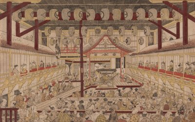 نظرة منظورية للداخلية لمسرح ناكامورا مع إيشيكاوا إبيزو الثاني مثل يانون غورو ، 1740 بواسطة أوكومورا ماسانوبو