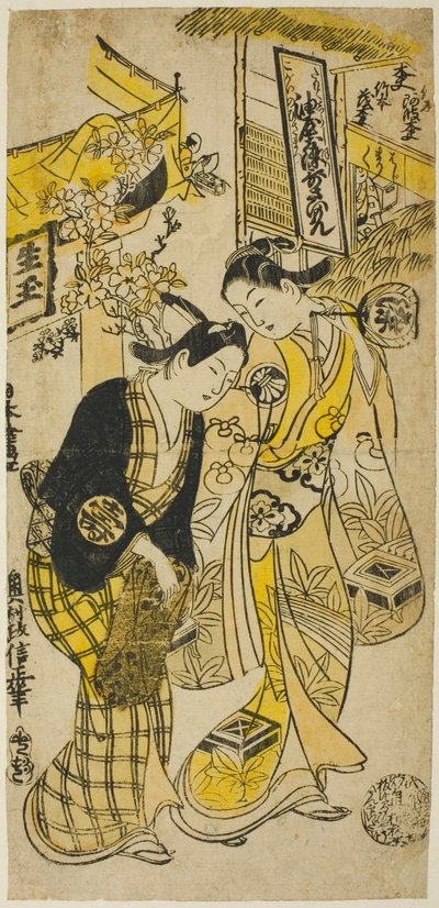 الممثلان Segawa Kikunojo I بدور Osome و Sodesaki Kikutaro في دور Hisamatsu في مسرحية "Osome Hisamatsu Shinju" التي عُرضت في مسرح Nakamura في الشهر السادس ، 1731 بواسطة أوكومورا ماسانوبو