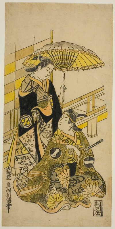 الممثلان Ichikawa Monnosuke I بدور Kusunoki Masatsura و Arashi Wakano في دور Oyuki في مسرحية "Honen Taiheiki" ، والتي تم عرضها في مسرح Nakamura في الشهر الحادي عشر ، 1723 بواسطة أوكومورا توشينوبو