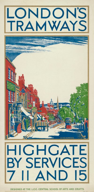 'Highgate by Services 7، 11 and 15' ، ملصق مجلس مقاطعة لندن LCC Tramways ، 1924 بواسطة أوليفر بوريدج