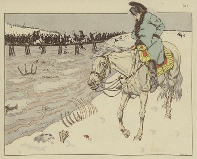 نابليون يراقب بقايا ذراعه الكبير وهو يركب نهر بيريزينا أثناء التراجع من موسكو ، 1812 بواسطة وظيفة Onfray de Breville