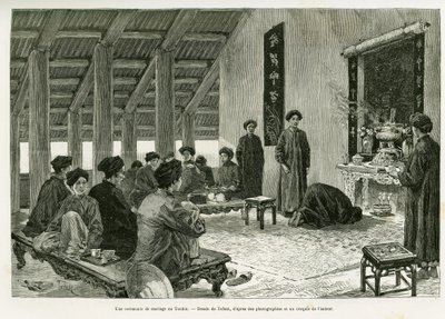 حفل زفاف في تونكين. نقش لتوفاني ، لتوضيح قصة Trente mois au Tonkin ، في عام 1884 ، بواسطة الدكتور بول هوكوارد ، في le Tour du monde 1890 ، تحت إشراف Edouard Charton (1807-1890) ، Hachette ، باريس. بواسطة أوزوالدو توفاني