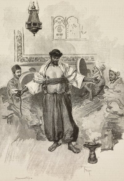 Aissawa dance, Moroccan religious brotherhood, at Universal Exposition of 1889, Paris, France, engraving by E Mancastroppa from drawing by Osvaldo Tofani from L