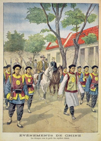الأجانب الأوروبيون تحت حراسة مسلحة من قبل الجنود الصينيين النظاميين خلال تمرد بوكسر 1899-1901 ، التوضيح من "لو بيتيت جورنال" ، 18 يوليو 1900 بواسطة أوزوالدو توفاني