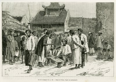 لعبة sapeque. نقش لتوفاني ، لتوضيح قصة Trente mois au Tonkin ، في عام 1884 ، بواسطة الدكتور بول هوكوارد ، في le Tour du monde 1890 ، تحت إشراف Edouard Charton (1807-1890) ، Hachette ، باريس. بواسطة أوزوالدو توفاني