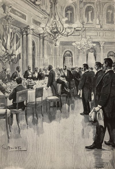 Italian diplomats toasting together, Paris, France, engraving from drawing by Gennaro Amato, from sketch by Osvaldo Tofani, from L
