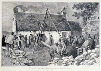رجال يجرون عبر الباب بمساعدة شجرة بطن لطرد الساكن من المسكن. رسم لتوفاني من رسم تخطيطي لـ O. de Champeaux (القرن التاسع عشر). بواسطة أوزوالدو توفاني