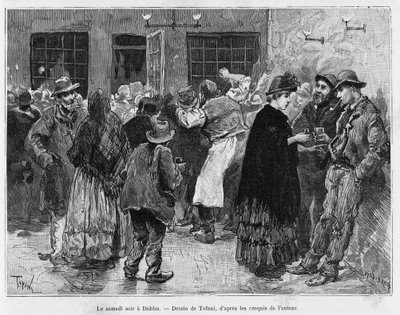 ليلة السبت في دبلن. نقش لتوفاني ، لتوضيح القصة ثلاثة أشهر في أيرلندا ، في عام 1889 ، بواسطة ماري آن دي بوفيه ، في لو تور دو موند 1890 ، من إخراج إدوارد شارتون (1807-1890) ، هاشيت ، باريس. بواسطة أوزوالدو توفاني