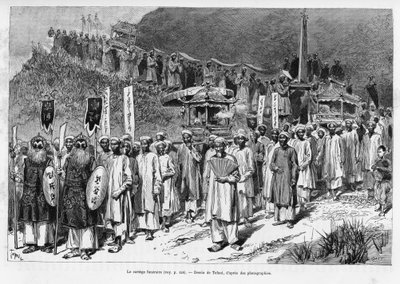 الموكب الجنائزي. نقش بواسطة توفاني ، لتوضيح قصة Trente mois au Tonkin ، في عام 1884 ، بواسطة الدكتور بول هوكوارد ، في le Tour du monde 1890 ، تحت إشراف Edouard Charton (1807-1890) ، Hachette ، باريس. بواسطة أوزوالدو توفاني