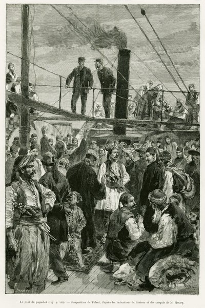 سطح السفينة. نقش لتوفاني لتوضيح قصة رحلة إن ثيسالي في عام 1882 ، بقلم بول مونسو ، في جولة موندي 1887 ، من إخراج إدوارد شارتون (1807-1890) ، هاشيت ، باريس. بواسطة أوزوالدو توفاني
