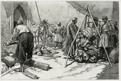 وزن الأمتعة قبل مغادرة Delafoy Bridal Expedition. نقش طوفاني لتوضيح قصة "بلاد فارس وشالدي وسوسيان" بواسطة أوزوالدو توفاني