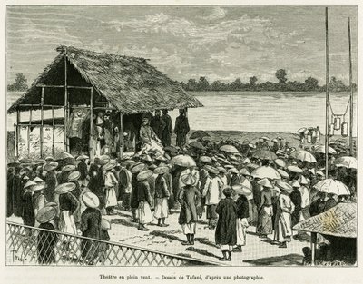 المسرح في مهب الريح. نقش لتوفاني ، بعد صورة فوتوغرافية ، لتوضيح قصة Trente mois au Tonkin ، في عام 1884 ، بواسطة الدكتور بول هوكوارد ، في le Tour du monde 1890 ، تحت إشراف Edouard Charton (1807-1890) ، Hachette ، باريس. بواسطة أوزوالدو توفاني