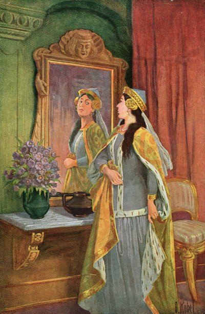 "مرآة ، مرآة على الحائط ، من هو أجملهم جميعًا؟" ، رسم توضيحي من حكاية غريم الخيالية "بياض الثلج والأقزام السبعة" ، حوالي 1900 (لون ليثو) بواسطة أوتو كوبيل