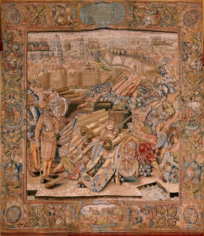 نسيج فلمنكي. سلسلة انتصارات ومعارك الأرشيدوق ألبرت. الاعتداء على بلدة كاليه (Asalto de la plaza de Calais). النسيج الثاني في السلسلة. عارضة الأزياء أوتو فان فين وهانس آي سنيلينك. مصنع مارتن رينبوتس ، بروكسل بواسطة أوتو فان فين