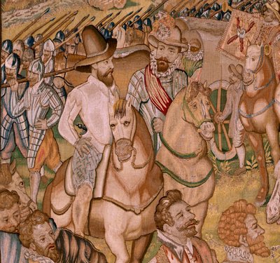 نسيج فلمنكي. سلسلة انتصارات ومعارك الأرشيدوق ألبرت ؛ تتراجع حامية Ardres إلى فرنسا (Retirada a Francia de la Guarnición de Ardrés). النسيج الرابع في السلسلة. عارضة الأزياء أوتو فان فين وهانس آي سنيلينك. صنع مارتن رينبو بواسطة أوتو فان فين