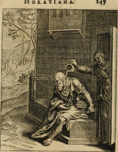 Xanthippe تفريغ وعاء الغرفة على سقراط. من Emblemata Horatiana ، 1607 بواسطة أوتو فان فين