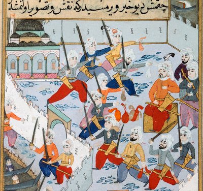 الاستيلاء على القسطنطينية: حاصر جيش السلطان العثماني محمد الثاني (محمد الثاني الفاتح أو محمد الثاني الفاتح) (1430-1481) في القرن الذهبي مدينة القسطنطينية عام 1453. منمنمات القرن الخامس عشر. مكتبة متحف توبكابي سراي اسطنبول بواسطة المدرسة العثمانية