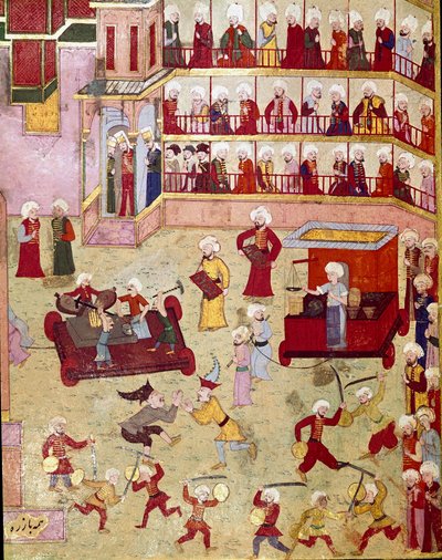 Festivities organized on the occasion of the circumcision of the son of the Ottoman Sultan Murad II (Murat) (1404-1451), jugglers, acrobats and goldsmen came to present samples Miniature of the 16th century Istanbul, Topkapi Sarayi Museum Library بواسطة المدرسة العثمانية