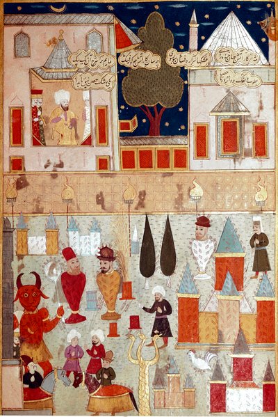 احتفالات بمناسبة ختان نجل السلطان العثماني مراد الثاني (مراد) (1404-1451) ، تحضير الألعاب النارية المنمنمة من القرن السادس عشر ، اسطنبول ، مكتبة متحف توبكابي سراي بواسطة المدرسة العثمانية