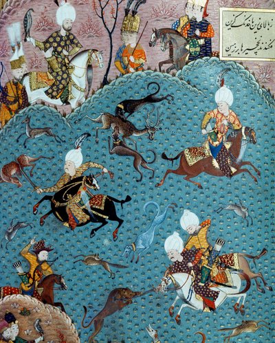 مشهد للصيد في وجود السلطان مراد الثاني (مراد) (1404-1451) منمنمات القرن السابع عشر. اسطنبول ، مكتبة متحف توبكابي سراي بواسطة المدرسة العثمانية