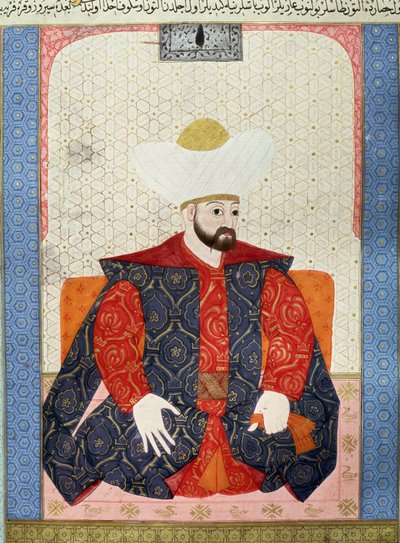 الإمبراطورية العثمانية: "صورة للسلطان العثماني مراد الأول (1326-1389)" منمنمة من المخطوطة (الآنسة 1973 ، الورقة 62 أ) "" زبدة الطوارخ "(زبدة الطوارخ) (كريم القصص) بقلم المؤرخ سيد لقمان عاشوري 1538. متحف الفن التركي والإسلامي بواسطة المدرسة العثمانية