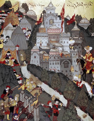 Ottoman Empire: Sultan Bayezid I (Bajazet) (1360 around 1402) returned victorious to the city of Nicopolis after the battle of the same name on 25/09/1396. 16th century miniature. Istanbul, Topkapi Sarayi Museum Library بواسطة المدرسة العثمانية