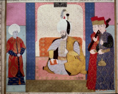 الإمبراطورية العثمانية: "" السلطان مراد الثالث (1546-1595) يحيط بالحاشية "" "منمنمة من" زبدة الطوارخ "(السيدة 1973 ، الصفحة 59 ب) لسيد لقمان أشوري 1583 اسطنبول ، متحف الفن التركي الإسلامي بواسطة المدرسة العثمانية