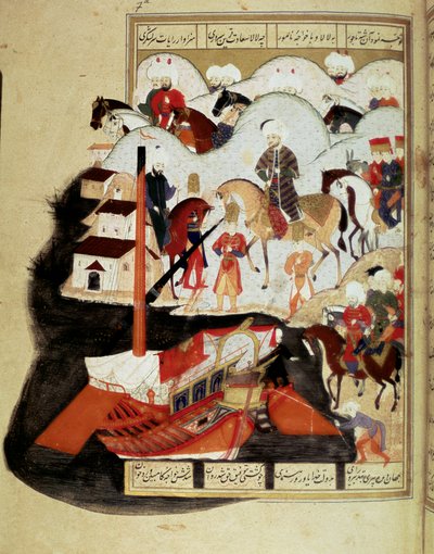 الإمبراطورية العثمانية: "" السلطان مراد الثالث (1574-1595) زيارة ميناء القسطنطينية "" مخطوطة مصغرة م. FY 1404 "" Sehinsahname "" (أو Shahinshah-nameh أو Shahinshah-nameh، Shahinshah nama، Shahinshah nameh) "&quo بواسطة المدرسة العثمانية